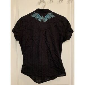 Harley Davidson Embroidered Angel Wings Pinstripe Shirt Short Sleeve Black Small